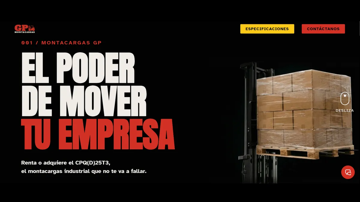 Montacargas GP page: industrial forklift with load