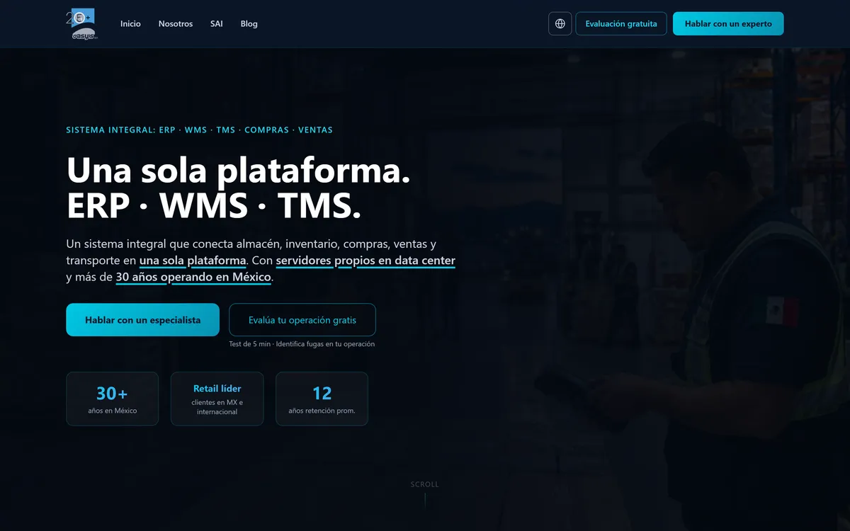 Página de Oasys: ERP, WMS y TMS integrados para logística